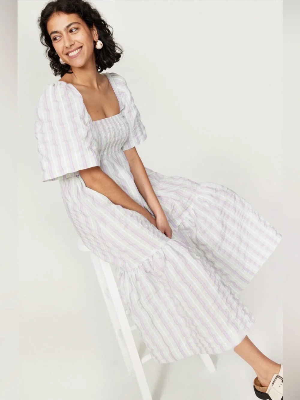 GANNI Pastel Striped Seersucker Midi Dress